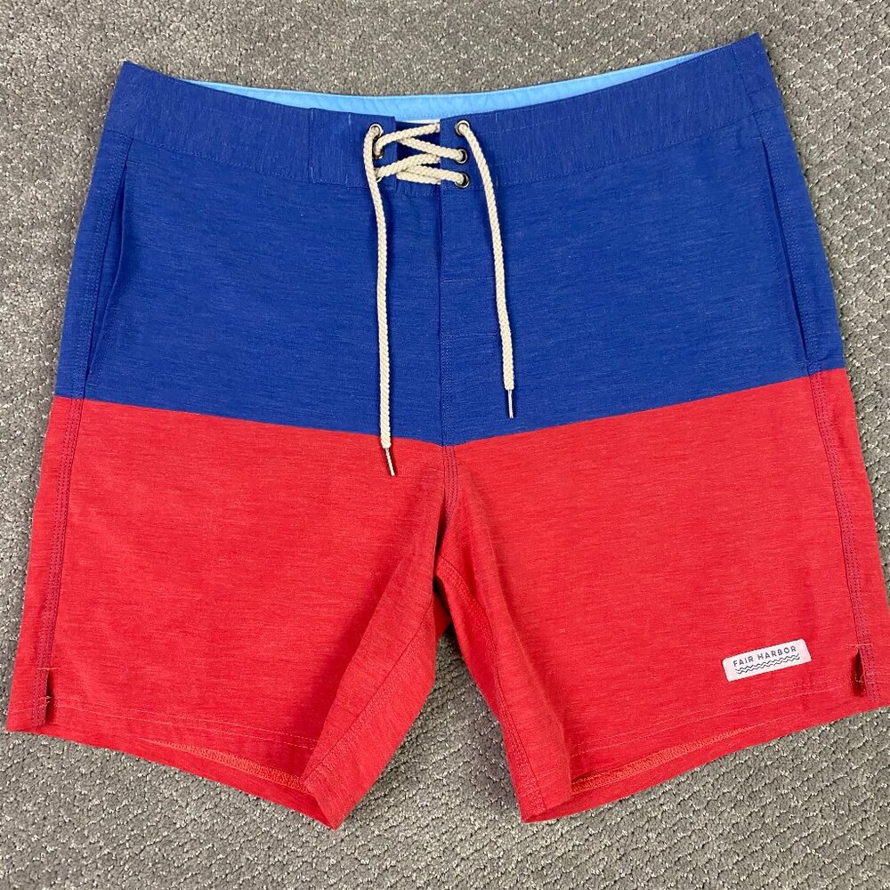 Fair Harbor Nautilus Board Shorts Men's 34 Blue Red Swim Trunks Shorts